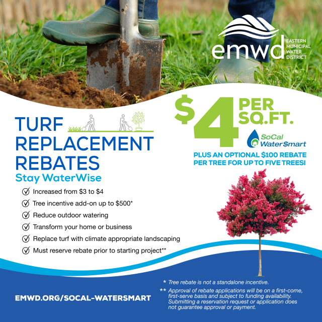 Turf replacement rebates. Stay Waterwise. Increased from $3 to $4. Plus and optional $100 rebate per tree for up to five trees!